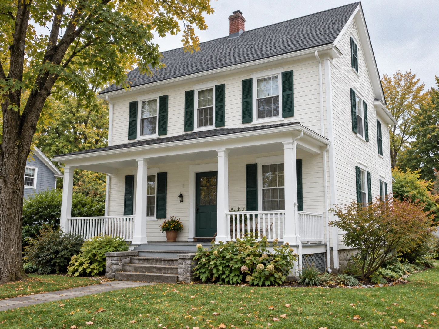 Off-white clapboard house with dark green shutters, a covered porch and stone steps
