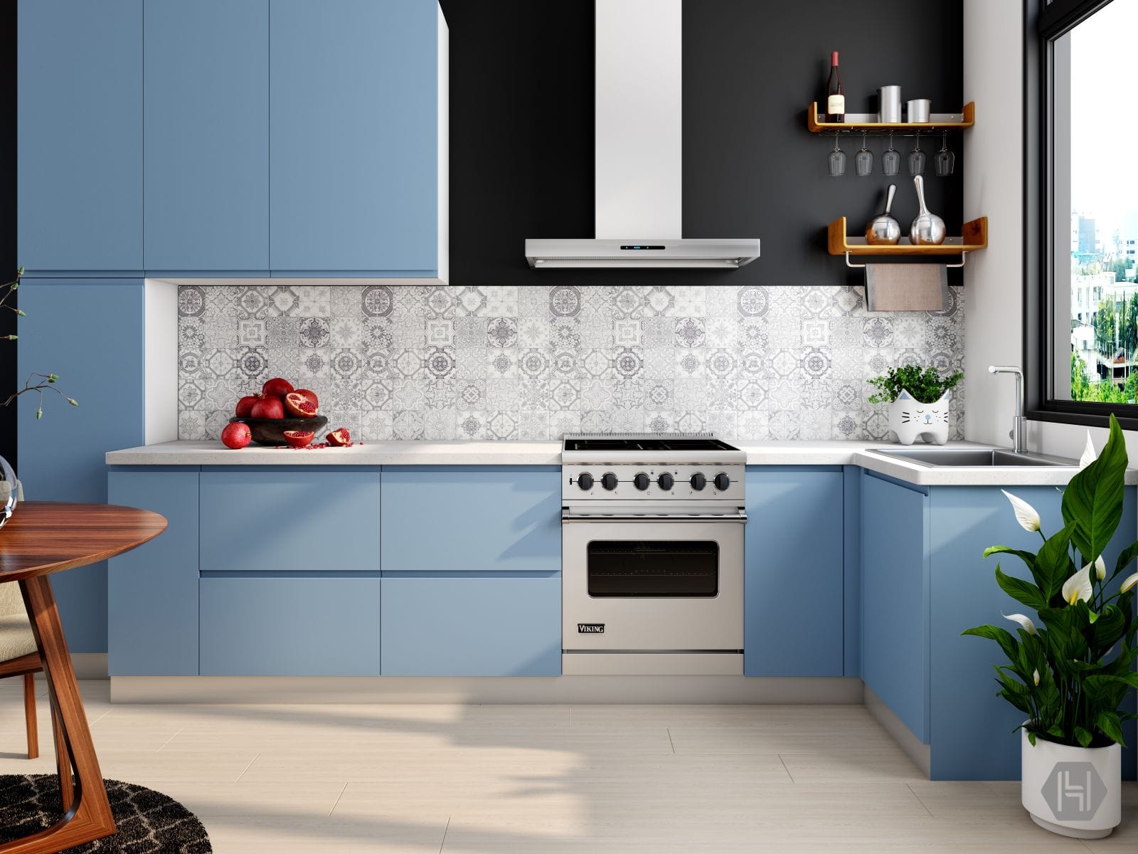 Kitchen with freshly refinished slate-blue cabinets and white range hood